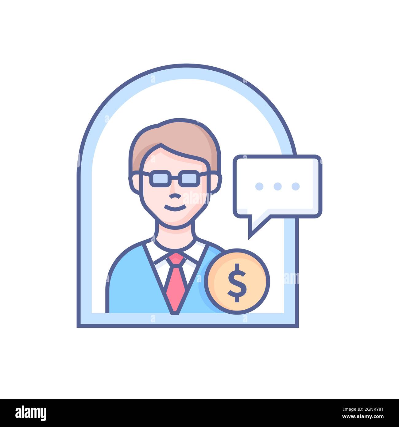 Financial consultant - modern line design style icon on white background. Neat detailed image of smart bank clerk. Communication and questions about m Stock Vector