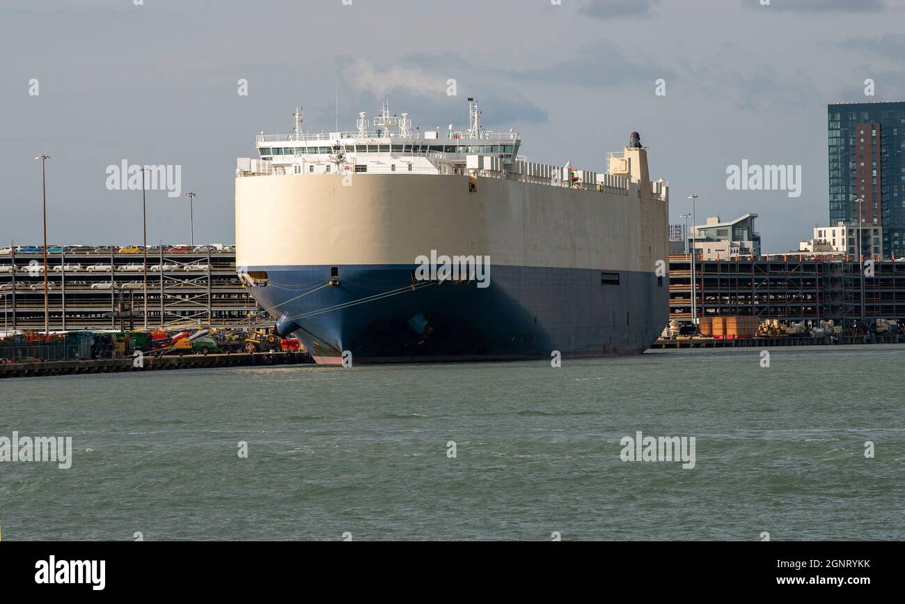 Southampton docks, England, UK. 2021. Vehicle carrier ship and multi ...