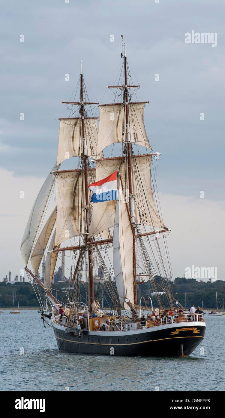 Southern England, UK. 2021. A square rigged tall ship Morgenster underway on an educational sailing lesson on Southampton Water, UK Stock Photo