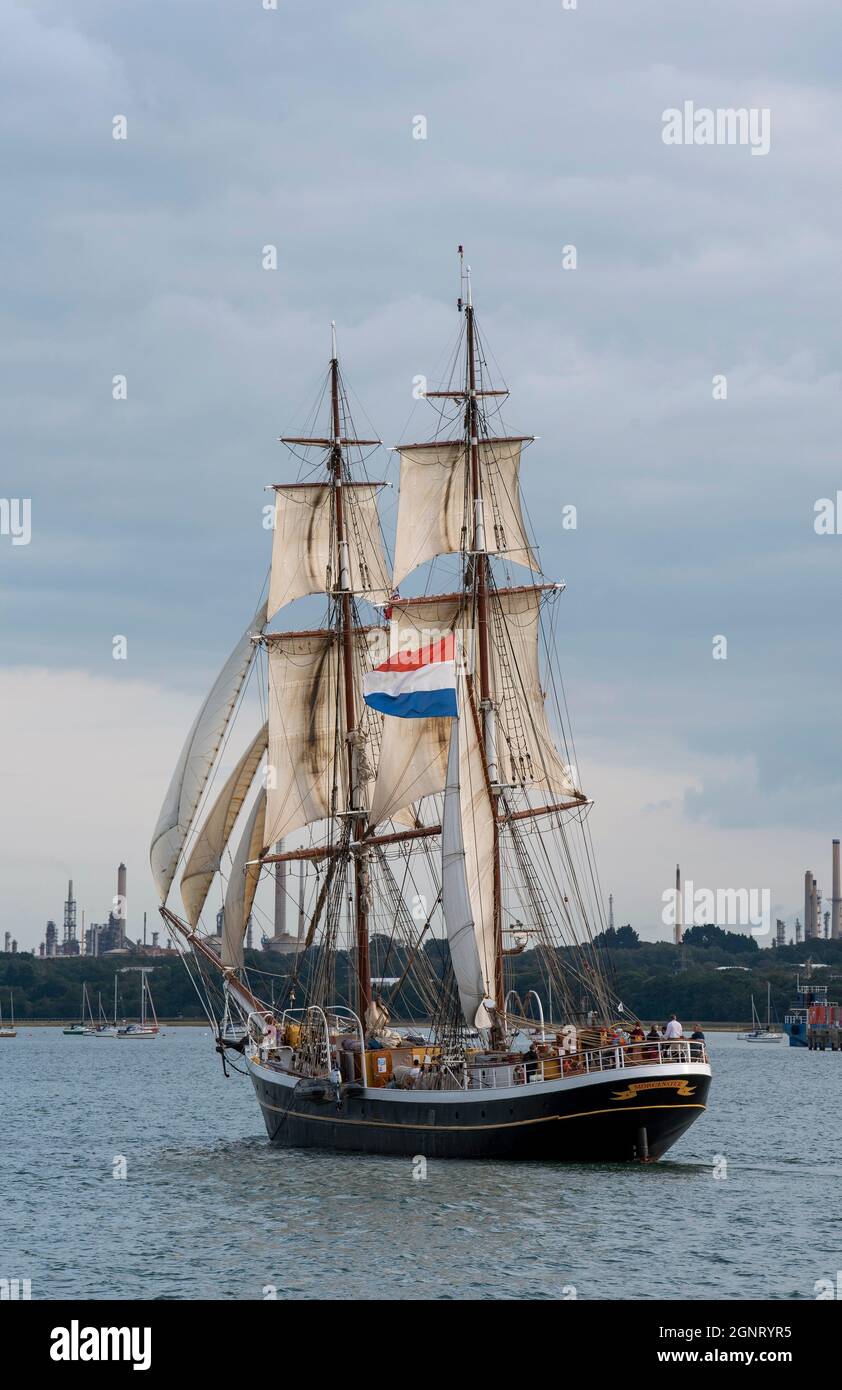 Southern England, UK. 2021. A square rigged tall ship Morgenster underway on an educational sailing lesson on Southampton Water, UK Stock Photo