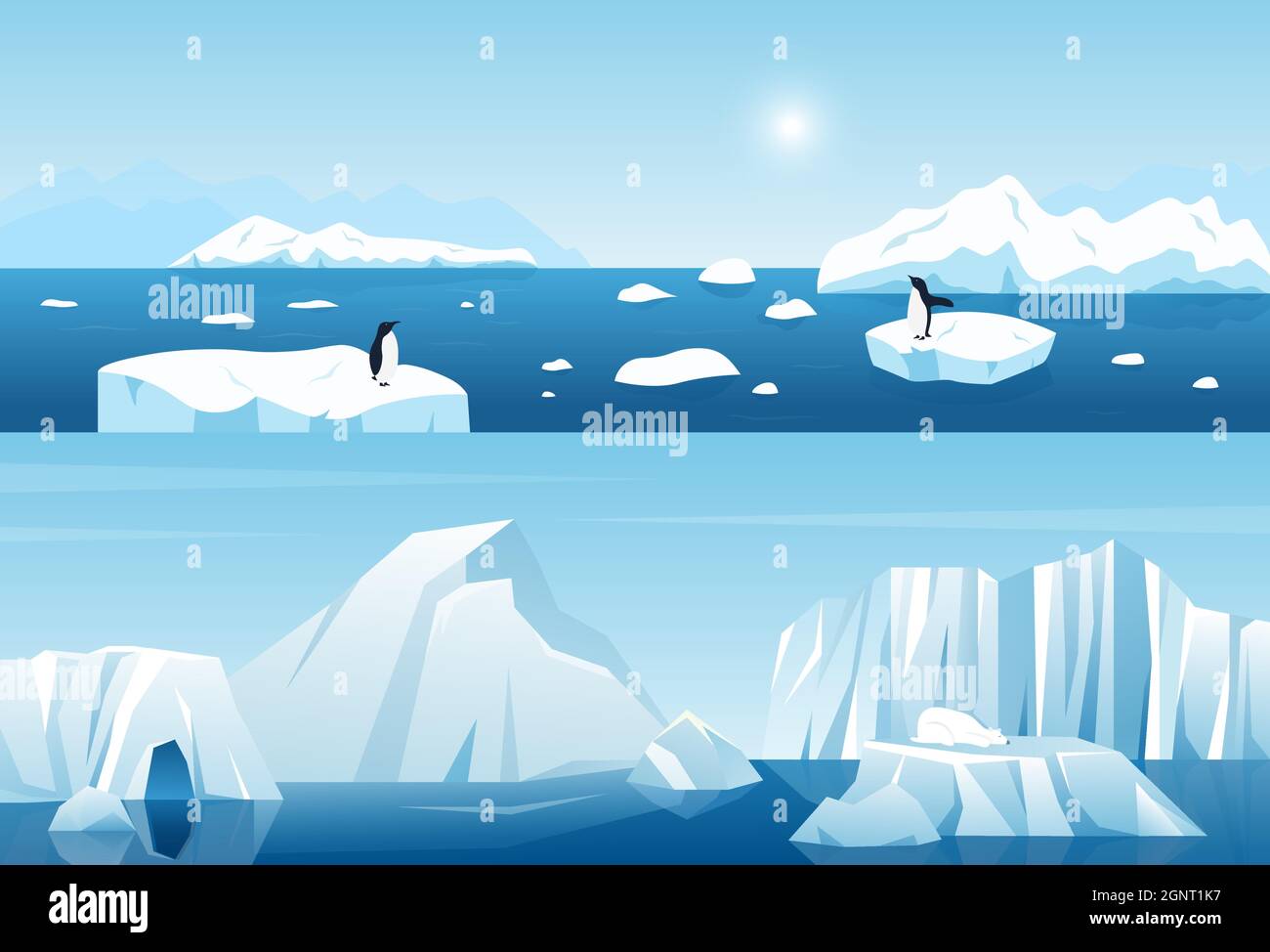 Arctic ice winter landscape scene of North vector illustration. Cartoon ...