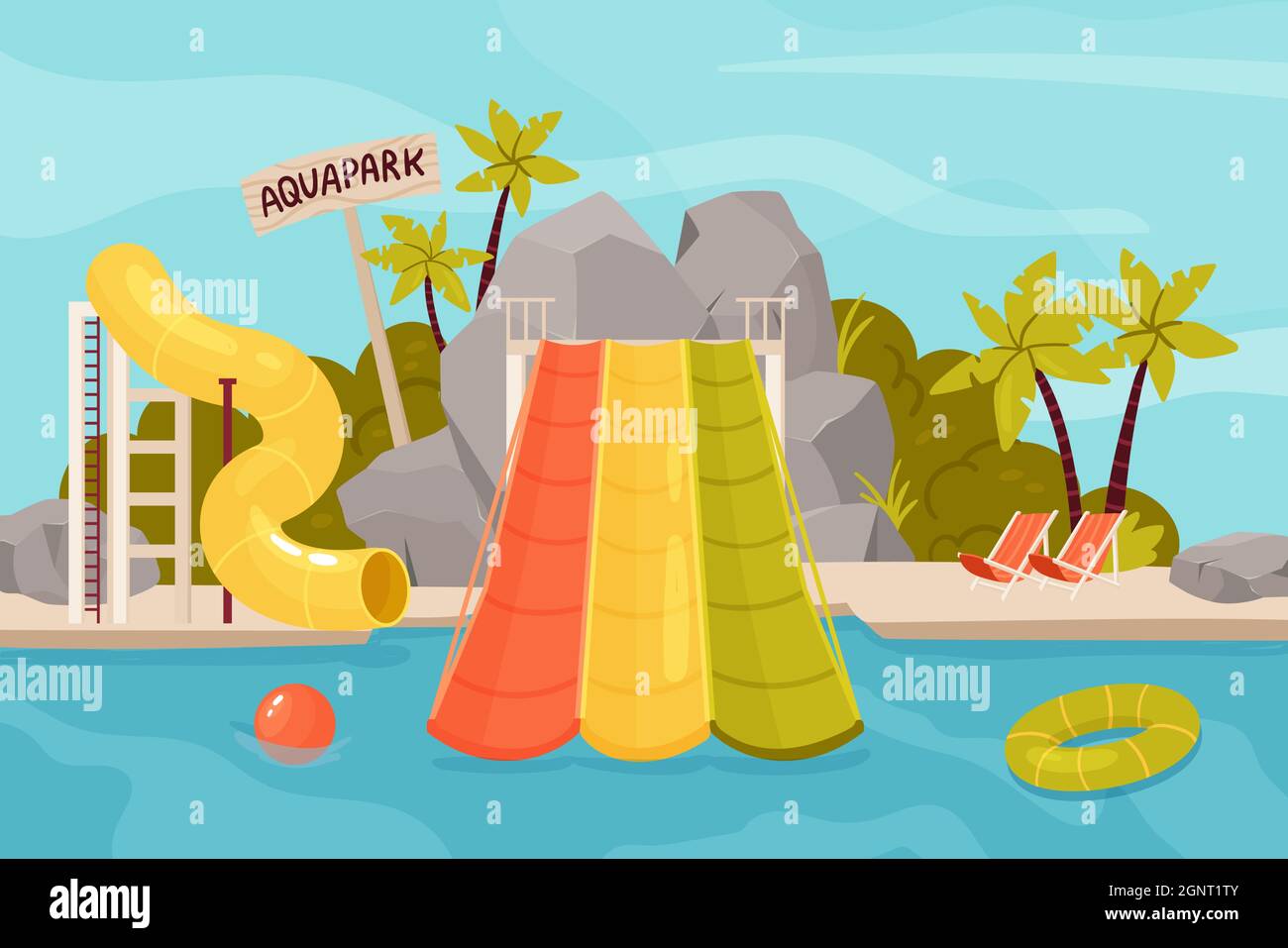 Water amusement park with slide for fun family vacation vector  illustration. Cartoon swimming pool on tropical island beach, plastic tube  waterslide for kids game with aquapark text background Stock Vector Image &