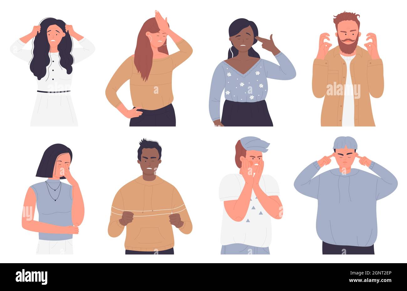 Upset annoyed people vector illustration set isolated. Cartoon sad unhappy disappointed adult characters bad failure situation, with face palm gesture, touch head in headache, disappointment or shame Stock Vector