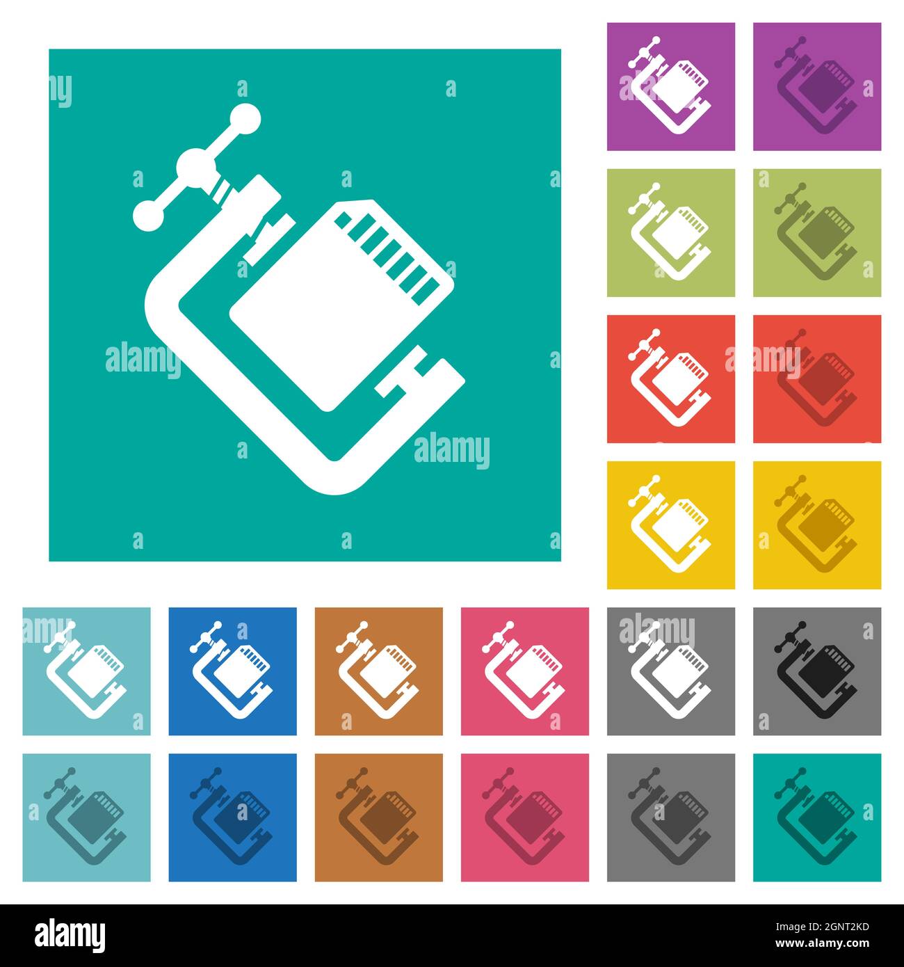 SD memory card compress solid multi colored flat icons on plain square backgrounds. Included white and darker icon variations for hover or active effe Stock Vector