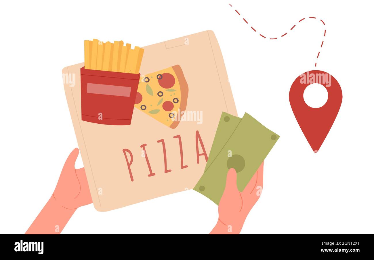 Pizza delivery to home door vector illustration. Cartoon human hand