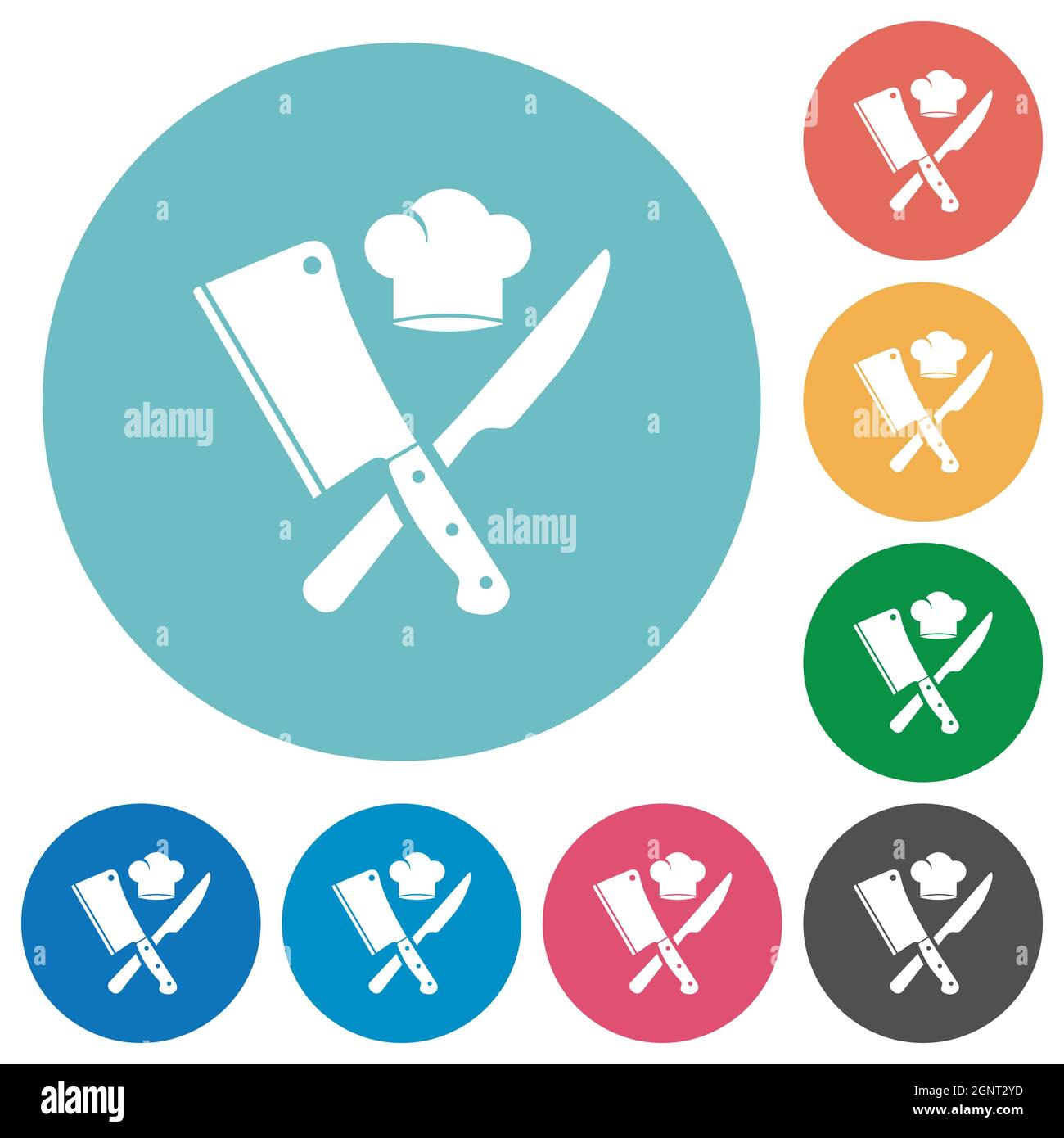 Crossed meat cleaver and knife with chef hat flat white icons on round ...
