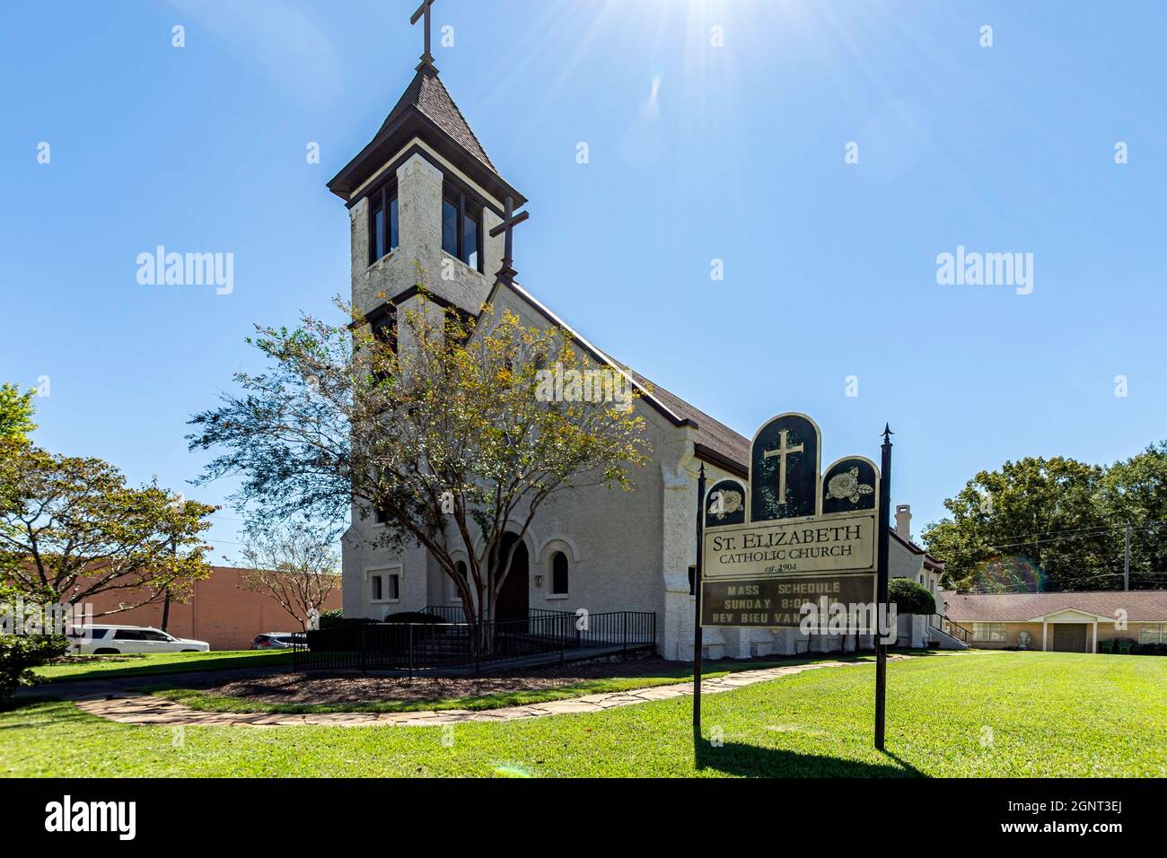 Greenville, Alabama, USA - Sept. 24, 2021: St. Elizabeth Catholic Church in the historic district in Greenville was established in 1904 by Lebanese Ca Stock Photo