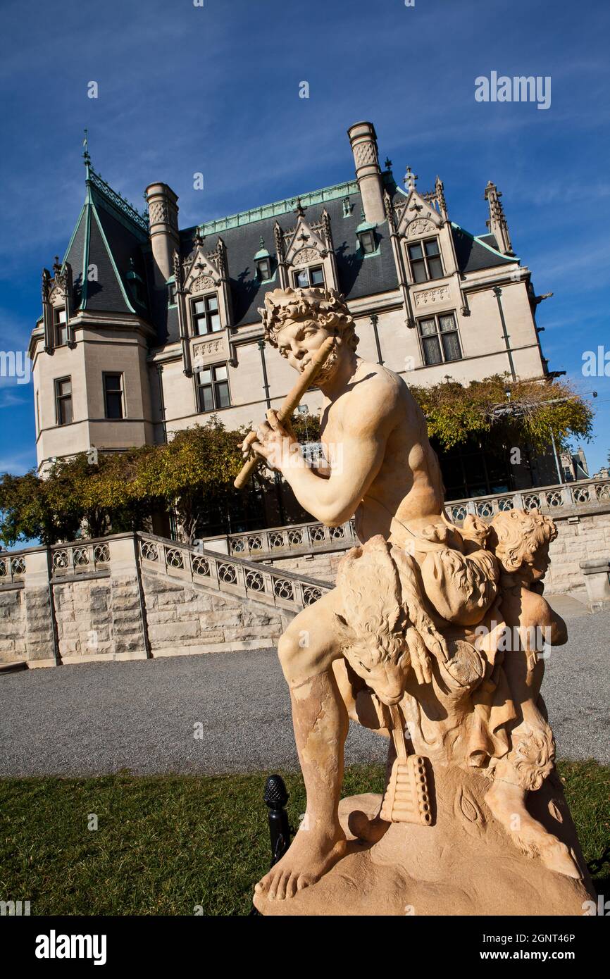 View of the Biltmore Estate from the South Terrace during autumn in Asheville, North Carolina. The house, privately owned by the Vanderbilt family, is the largest home in America with over 250 rooms. Stock Photo