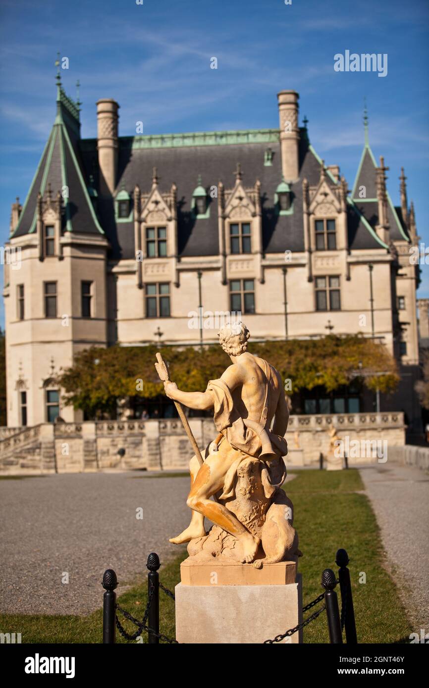 View of the Biltmore Estate from the South Terrace during autumn in Asheville, North Carolina. The house, privately owned by the Vanderbilt family, is the largest home in America with over 250 rooms. Stock Photo