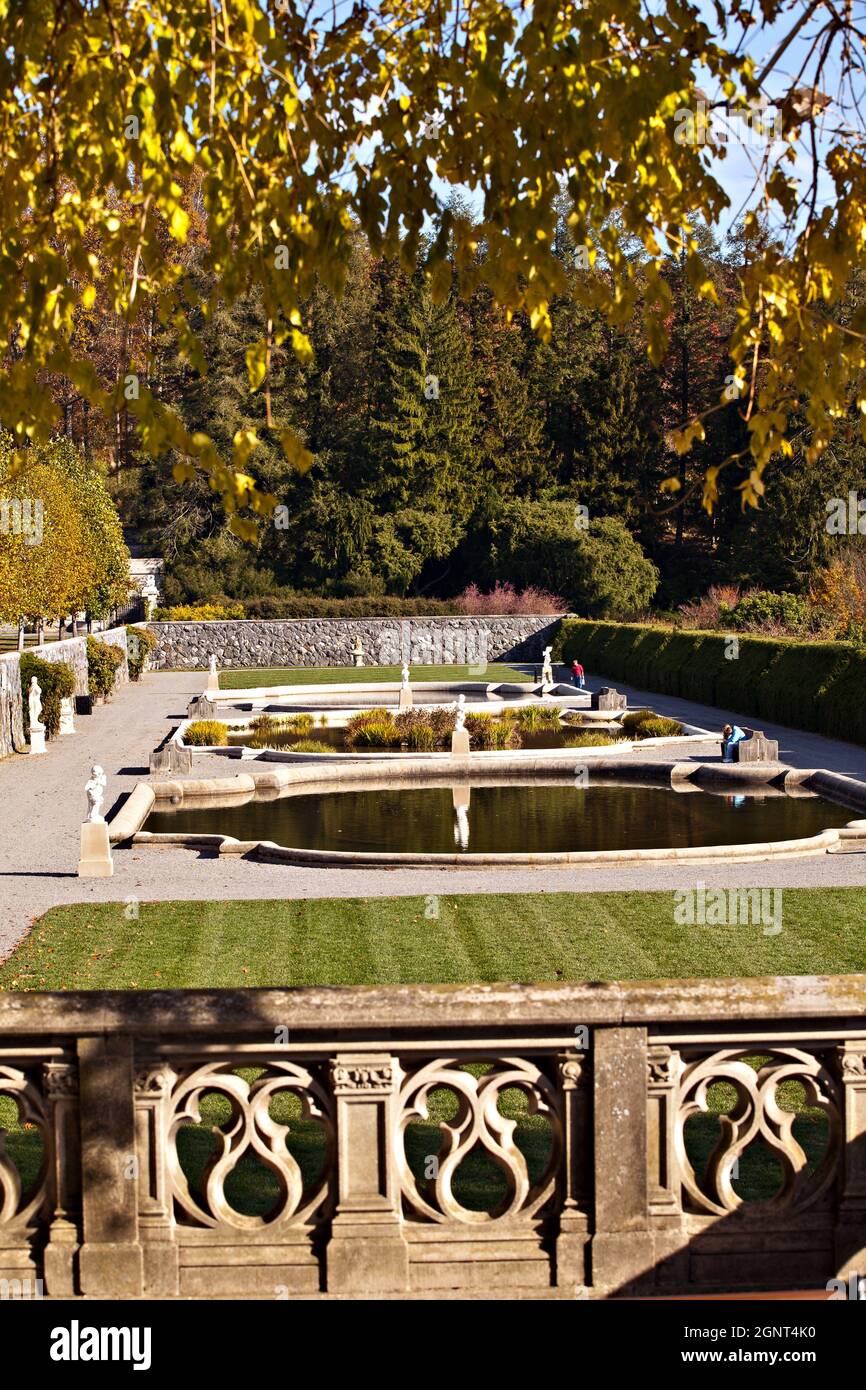 View of the Italian Gardens designed by Frederick Law Olmsted, at the Biltmore Estate in autumn, the estate is privately owned by the Vanderbilt family in Asheville, North Carolina. The house is the largest private home in America with over 250 rooms. Stock Photo