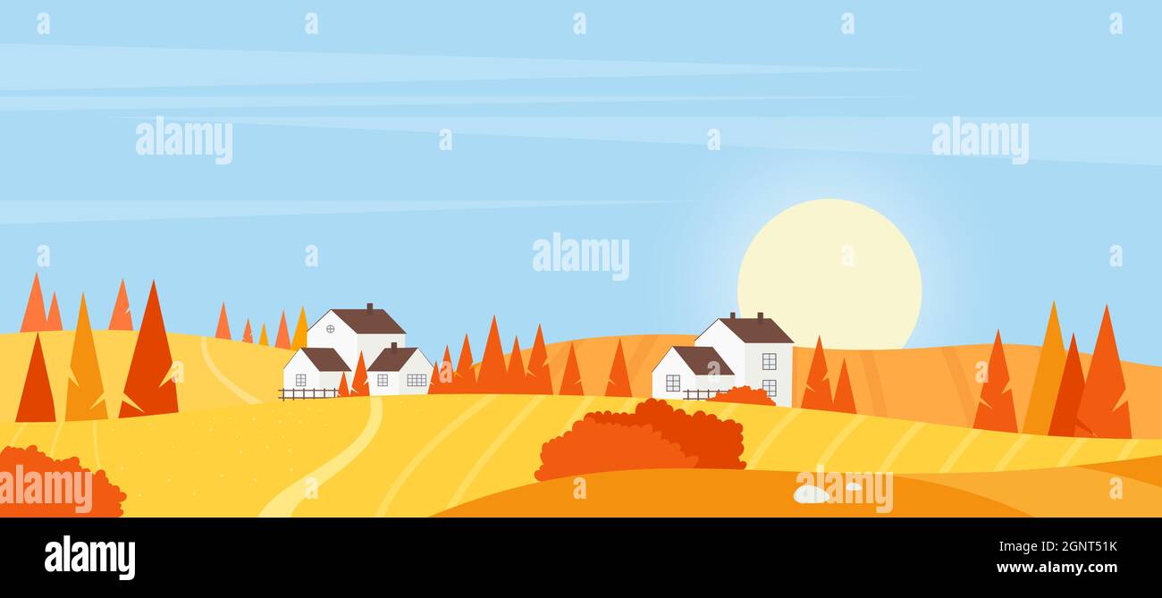 Autumn village farm landscape vector illustration. Cartoon sunset scene with orange agriculture fields with harvest on countryside hills, cozy farmer houses and road, minimalist land simple background Stock Vector