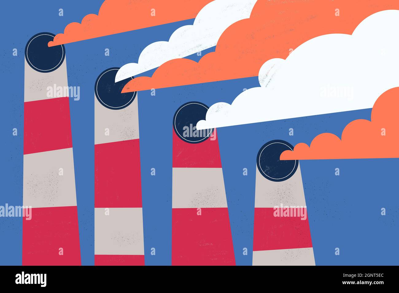 Global warming concept illustration. Big industrial chimneys pollute air and environment with dirty and toxic smoke. Stock Photo