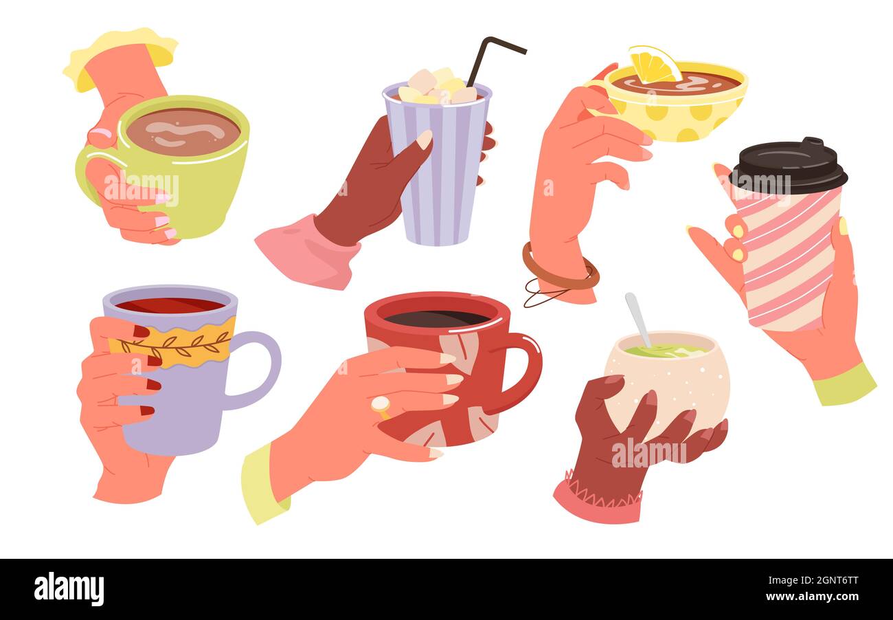 Cartoon hand holding mug of warm beverage, morning espresso or chocolate with marshmallow isolated on white. Hands hold coffee or tea cup set, people with cafe take away hot drink vector illustration Cartoon hand holding mug of warm beverage, morning espresso or chocolate with marshmallow isolated on white. Hands hold coffee or tea cup set, people with cafe take away hot drink vector illustration