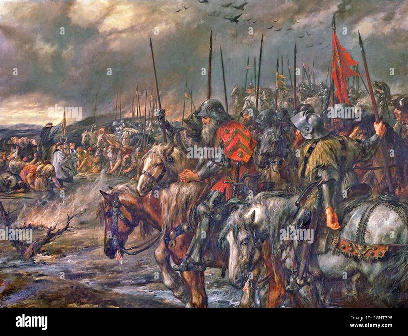 BATTLE OF AGINCOURT 25 October 1415  'The Morning of the Battle of Agincourt' painted by John  Gilbert in 1884 and held in the Guildhall Art Gallery,London. Stock Photo