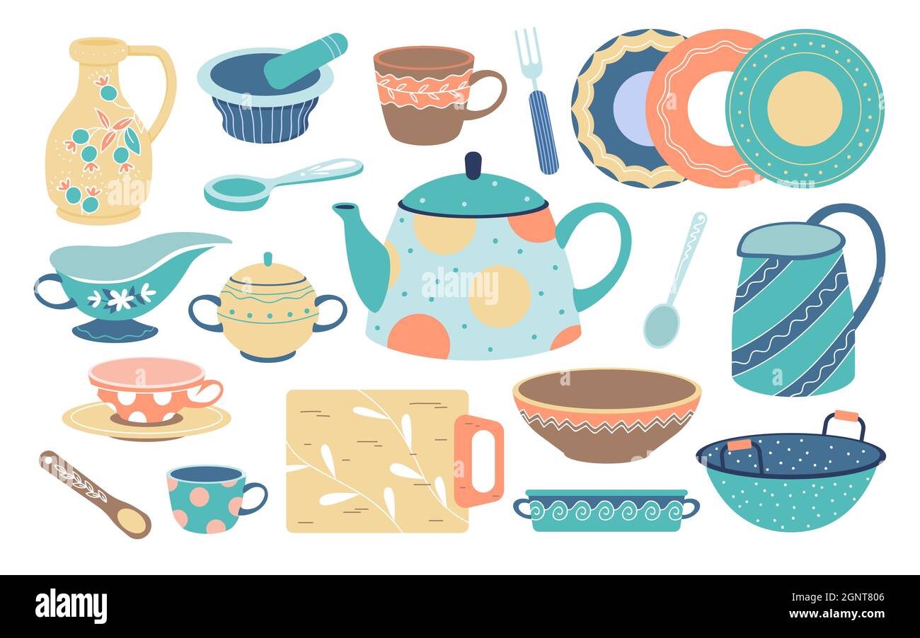 Vintage kitchenware, cutlery to cook food in home kitchen vector illustration set. Cartoon fork tools and cup, dish bowl, plate with cute pattern for family dinner, retro tableware isolated on white Stock Vector