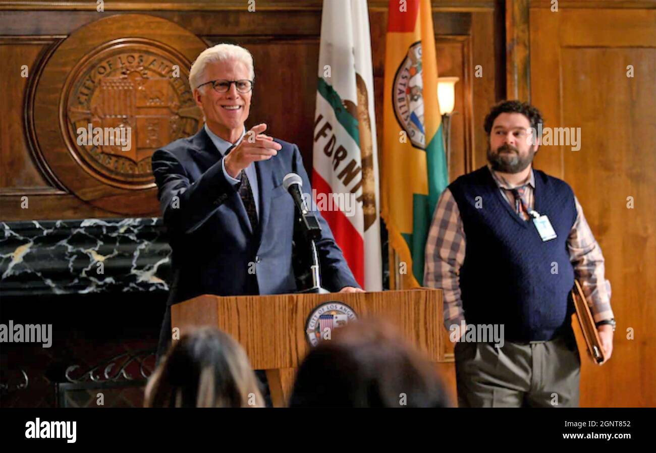MR. MAYOR  2021 NBC TV series with Ted Danson as Mayor of Los Angeles and Bobby Moynihan as his communications director Stock Photo