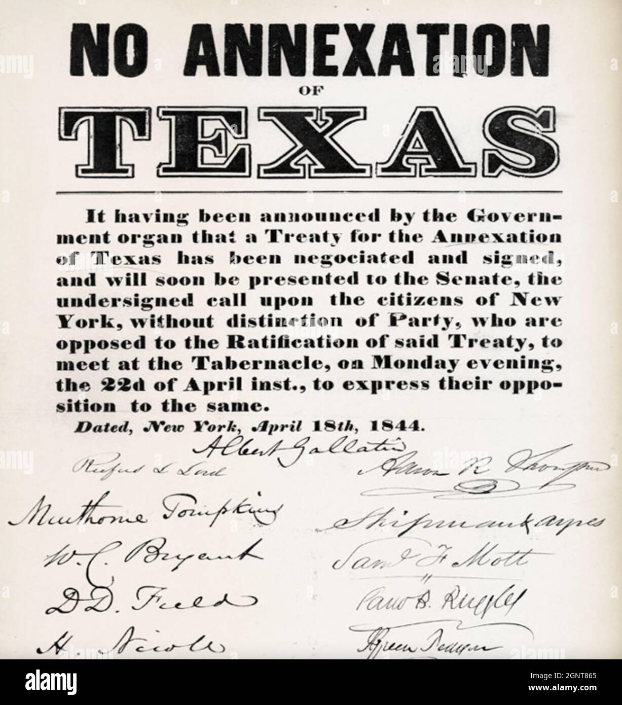 TEXAS ANNEXATION 1845 A bill asking New Yorkers to reject the application to join the United States Stock Photo