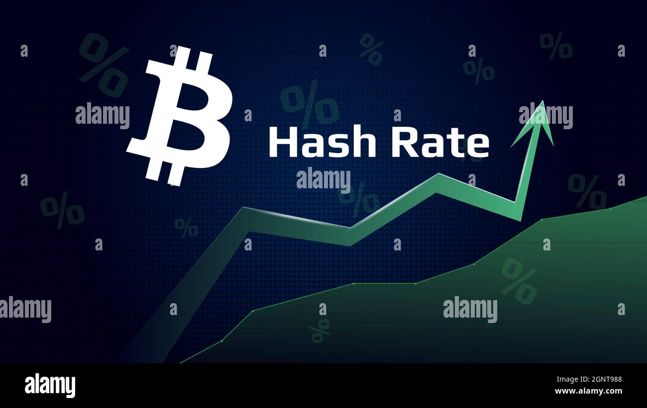 Bitcoin BTC hash rate has increase. Bitcoin symbol with green up arrow. Mining power has grown. Vector illustration. Stock Vector