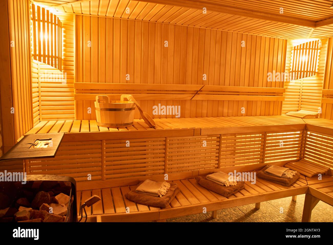 Wooden Sauna, wet area, steam, recreation zone Stock Photo