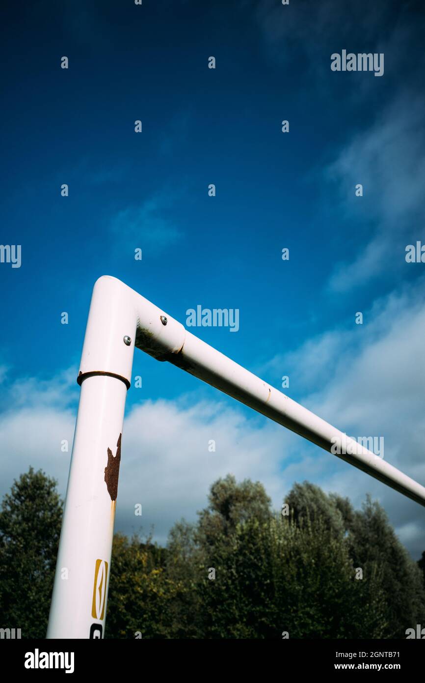Football goal post and crossbar against blue sky Stock Photo Alamy