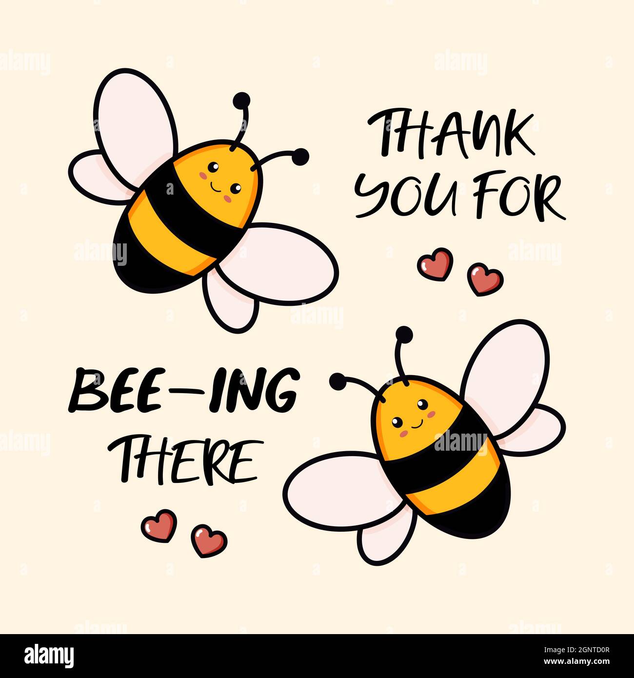 Cute bee greeting card. Hand drawn postcard colored trendy vector illustration with text. Cartoon doodle style with a phrase thank you for being there. Flat design isolated on yellow background Stock Vector