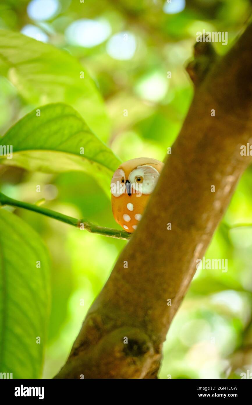 shot of an orange owl figure amongst the trees Stock Photo