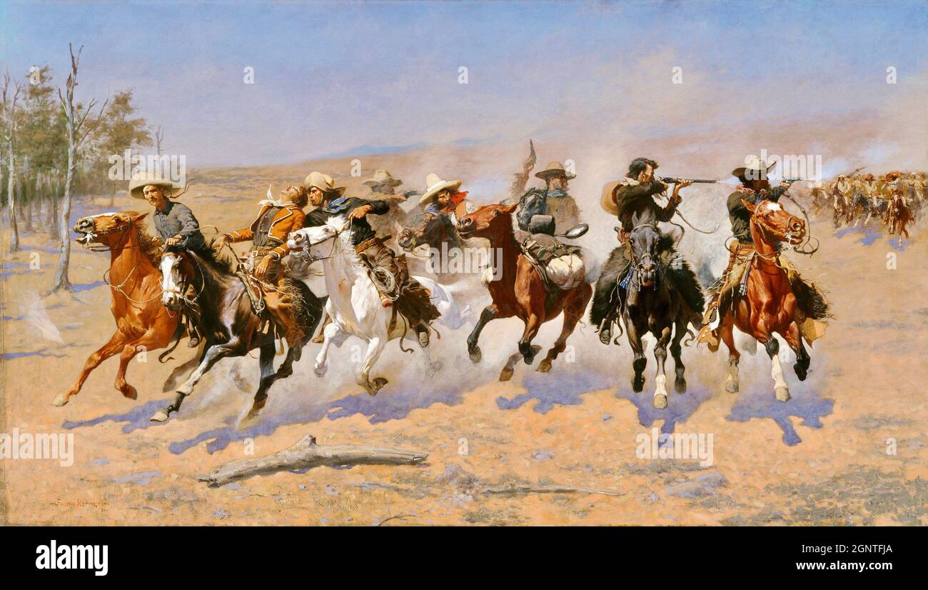 Frederick Remington artwork - A Dash for Timber - Native American band in pursuit of cowboys. All on horseback. Shots are fired. Stock Photo