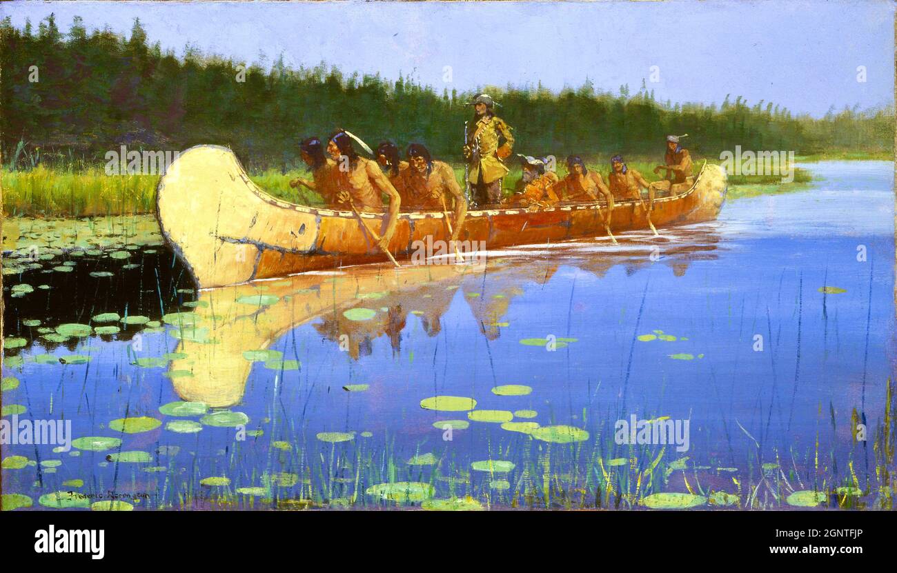 Frederick Remington artwork - Bark canoe in shallow waters with native americans transporting two 'explorers' - Radisson and Groseilliers Stock Photo