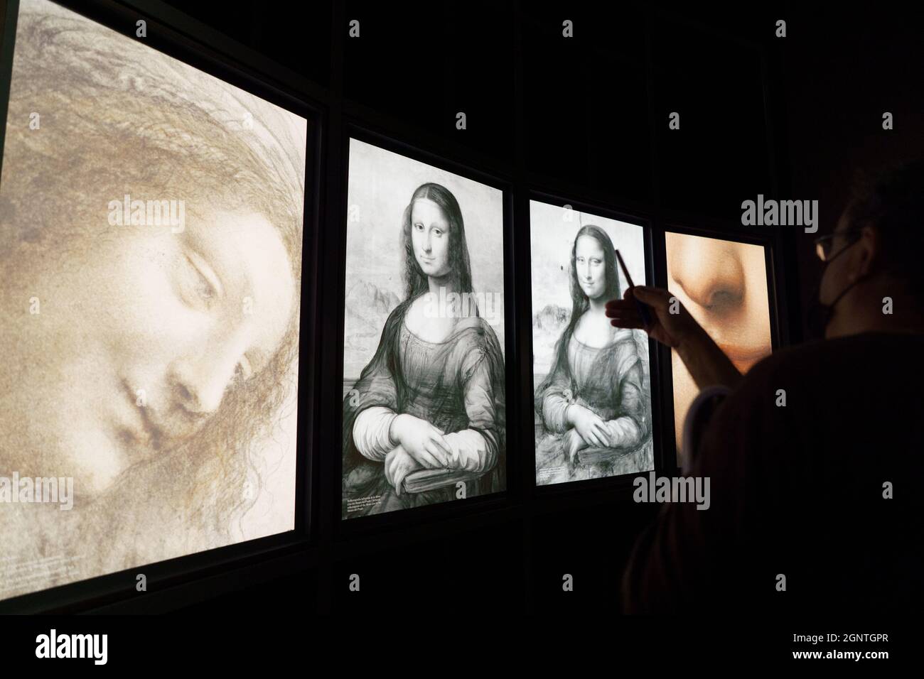 Paintings of Mona Lisa seen during the Presentation of the Exhibition of Leonardo Da Vinci at the Museo Nacional del Prado.The Museo Nacional del Prado is presenting the latest research on Leonardo's closest circle, Leonardo and the copy of the Mona Lisa. New approaches to the artist's studio practices is the first monographic exhibition in Spain to study the copies and versions made in Leonardo's studio during his lifetime, works that were based on the master's prototypes and authorized by him. On display at the Museo Nacional del Prado until 23 January in Room D of the Jerónimos Building, th Stock Photo