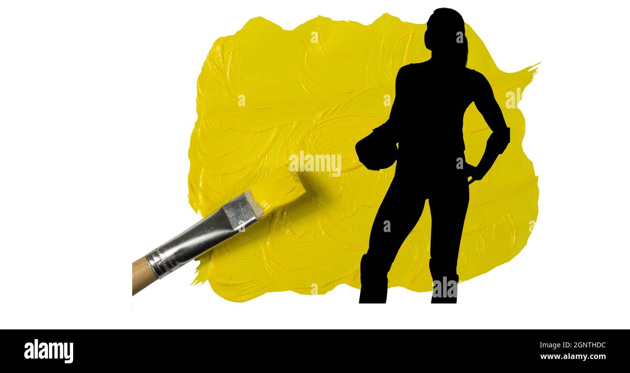 Silhouette of female handball player against yellow paint stain and paint brush on white background Stock Photo