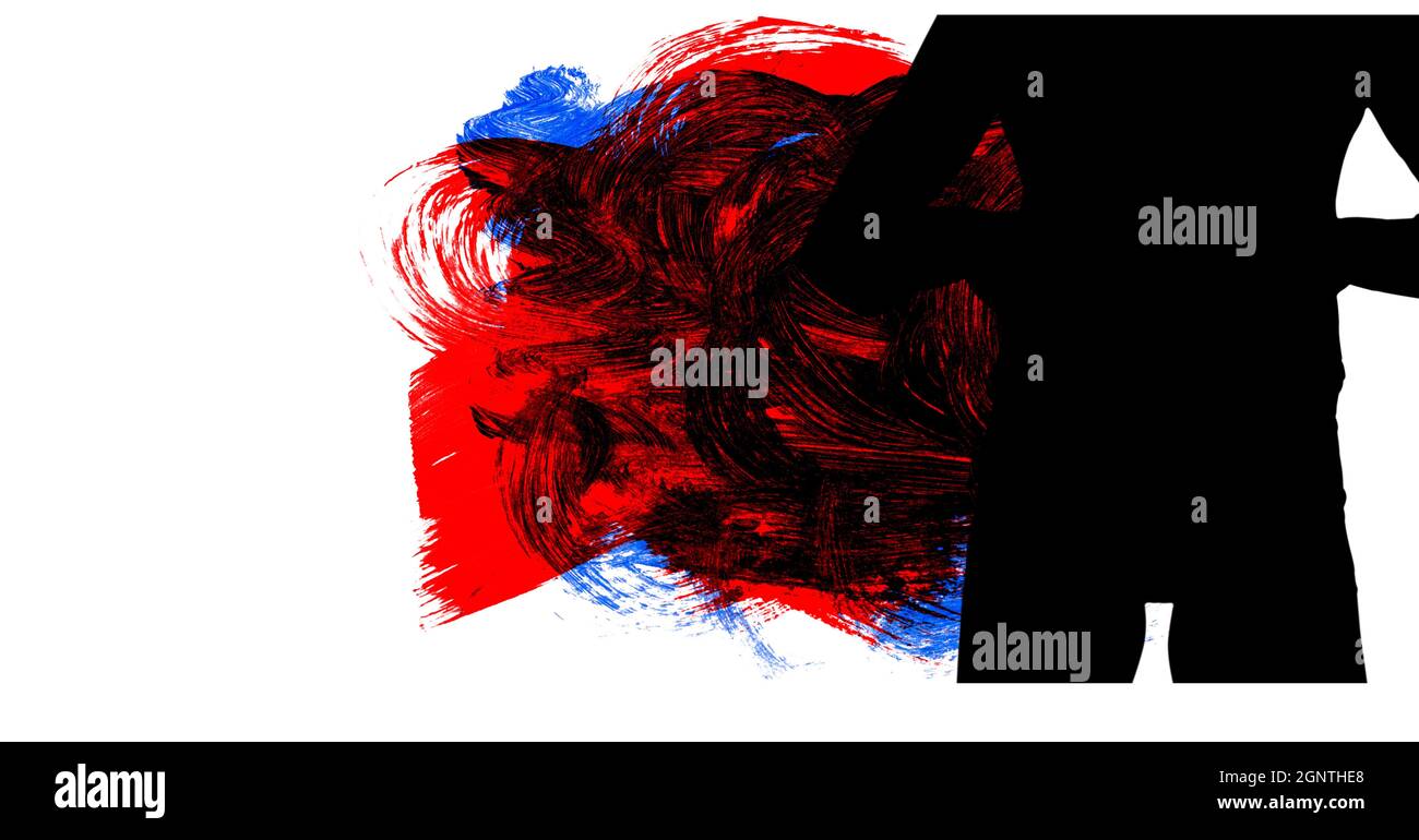 Mid section of silhouette of female handball player against red, black and blue paint brush strokes Stock Photo