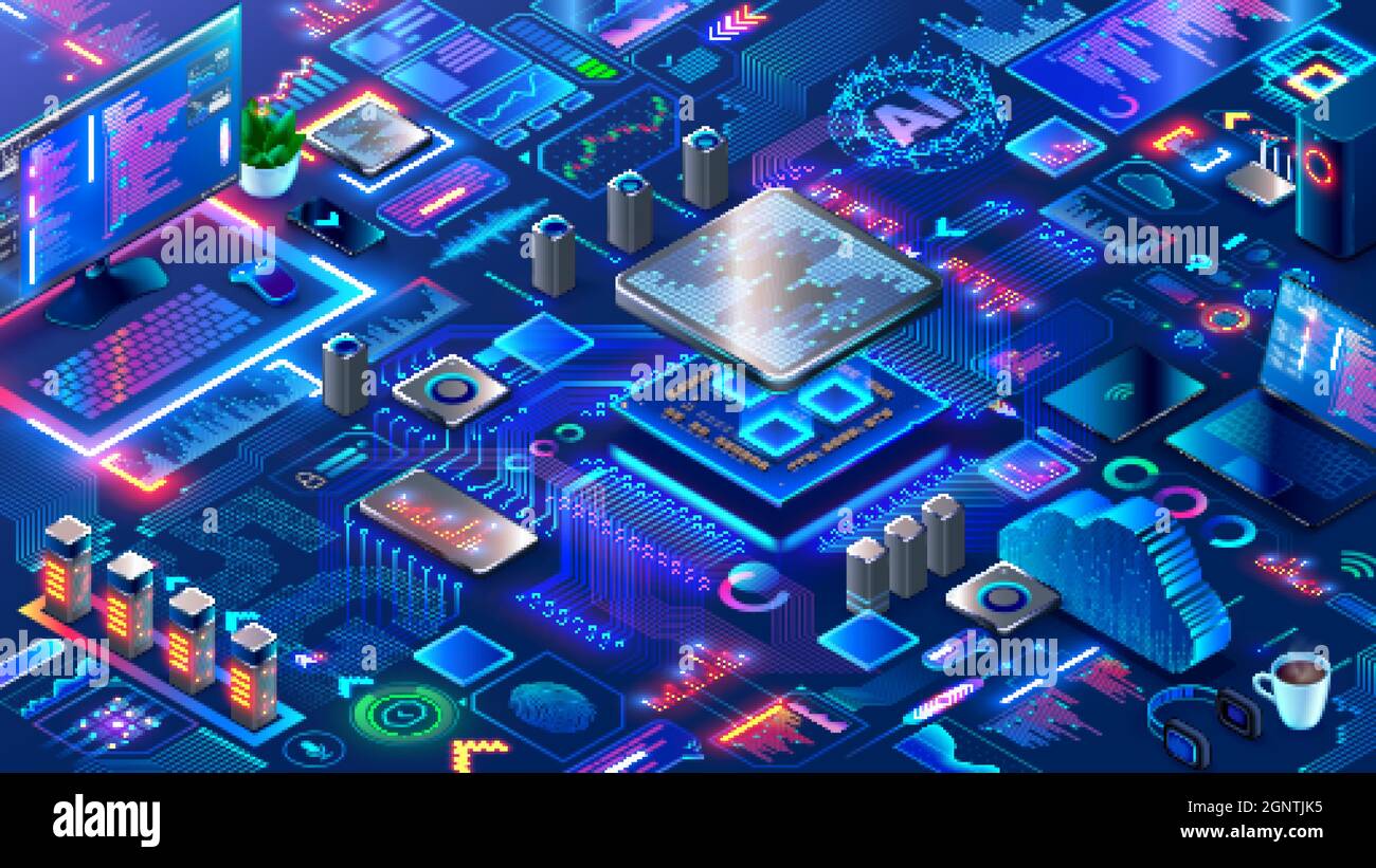Hardware and software computer technology background. Isometric elements of  development, engineering electronics systems and devices. Design Stock  Vector Image & Art - Alamy