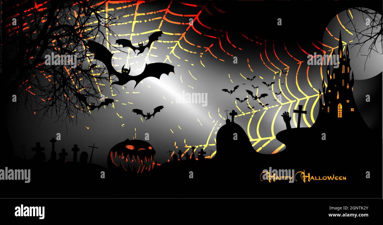 Halloween party banner, spooky dark background, silhouettes of characters and scary bats with gothic haunted castle, horror theme concept, scary Stock Vector