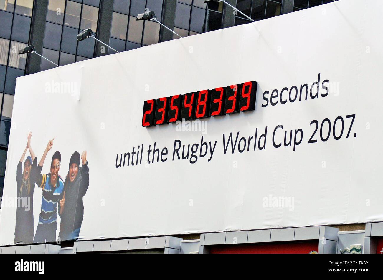 On December 9, 2005, a billboard in Auckland New Zealand has a moving clock counting the seconds until the Ruby World Cup 2007 begins. Rugby is the national sport of New Zealand drawing the largest number of spectators of any sport.  The All Blacks, the New Zealand national rugby team, won the world cup in 1987, 2011 and 2015. Stock Photo