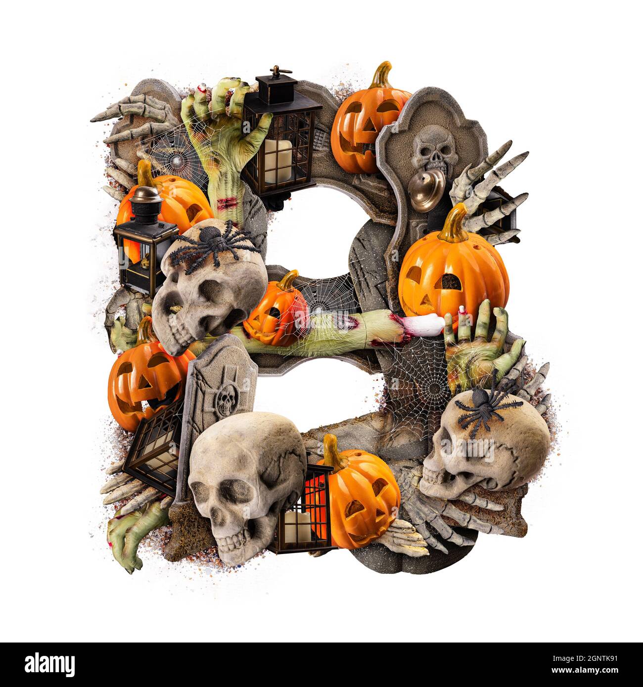 Letter B made of variety Halloween objects isolated on white background ...