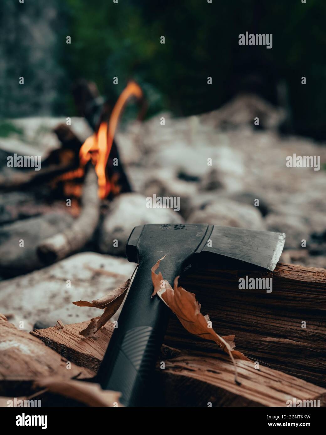 axe standing near campfire on the logs Stock Photo