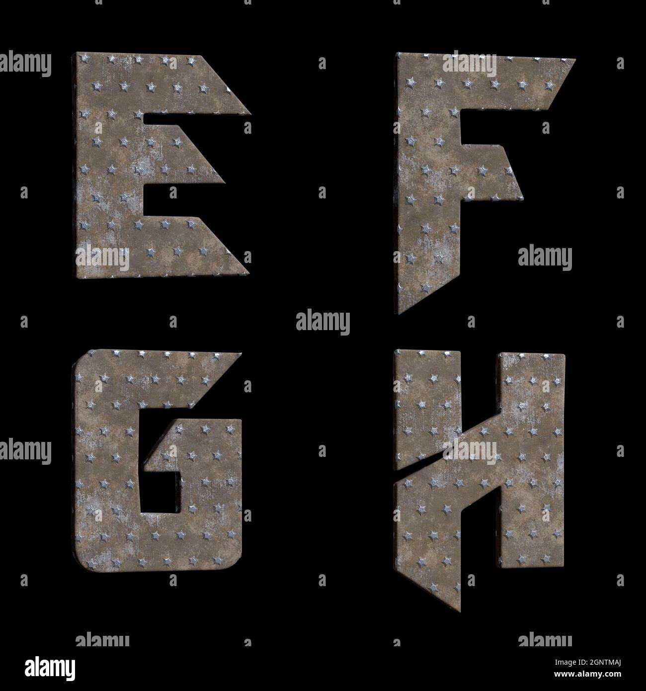 3D rendering of star metal plate alphabet - letters E-H Stock Photo