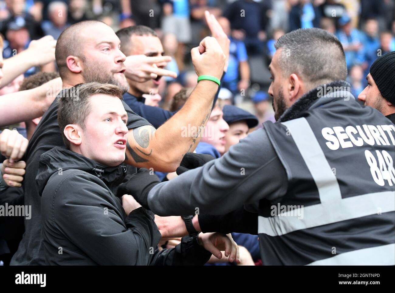 MILTON KEYNES, ENGLAND - SEPTEMBER 25, 2021: Wycombe fans react after Troy Daniel Parrott of Dons (not in the picture) celebrated in front of them during the 2021/22 SkyBet EFL League One matchweek 9 game between MK Dons FC and Wycombe Wanderers FC at Stadium MK. Copyright: Cosmin Iftode/Picstaff Stock Photo
