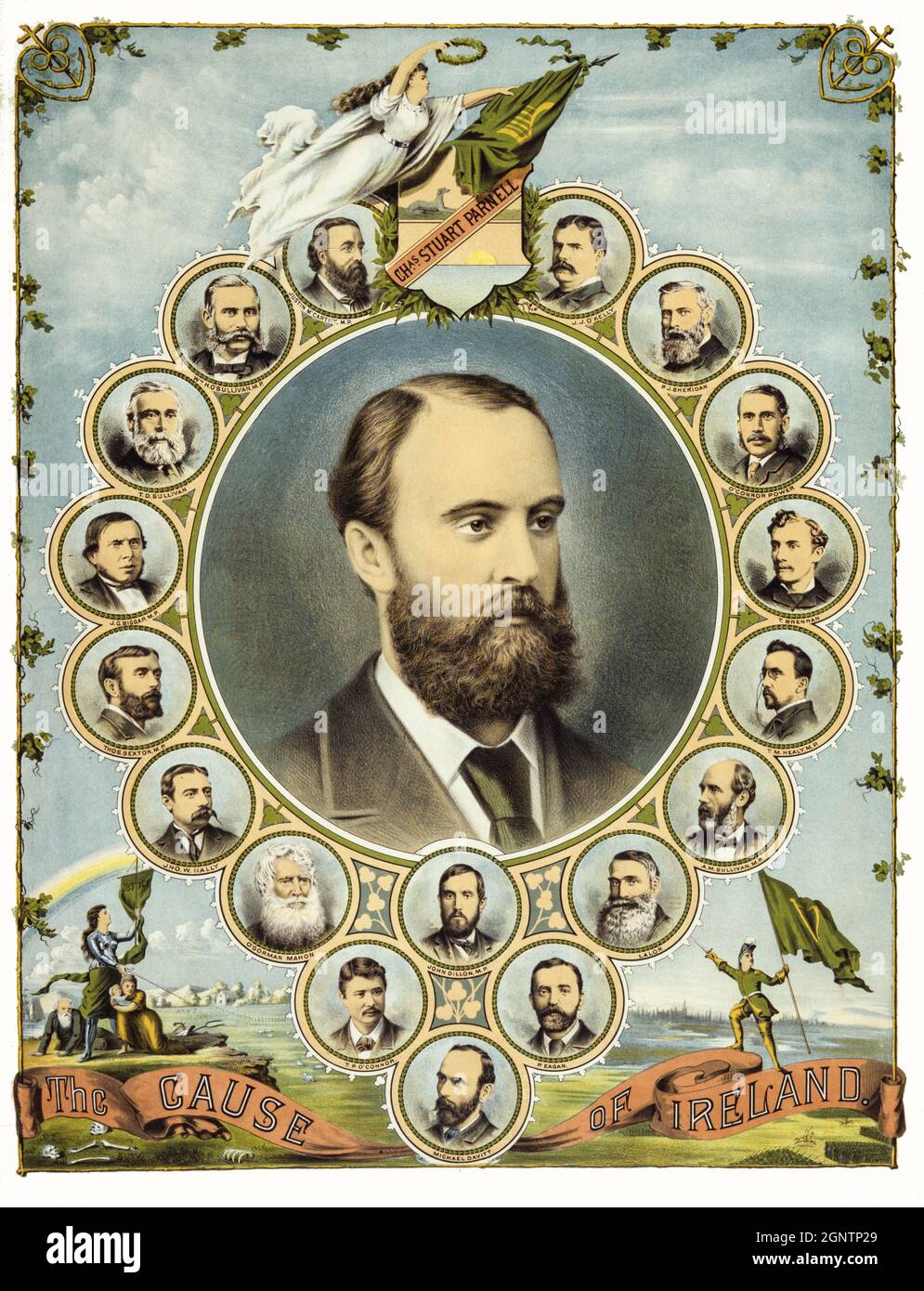 'The Cause of Ireland'. An illustration of Charles Stewart Parnell (1846-1891), was an Irish nationalist politician who served as a Member of Parliament (MP) from 1875 to 1891 and Leader of the Home Rule League from 1880 to 1882. Then from 1882 to 1891, he became Leader of the Irish Parliamentary Party, members of which circle his portrait. His party held the balance of power in the House of Commons during the Home Rule debates of 1885–1886. Stock Photo