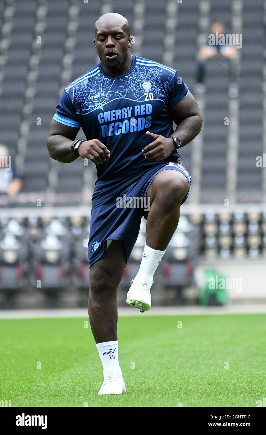 MILTON KEYNES, ENGLAND - SEPTEMBER 25, 2021: Saheed Adebayo Akinfenwa of  Wycombe pictured ahead of the 2021/22 SkyBet EFL League One matchweek 9  game between MK Dons FC and Wycombe Wanderers FC