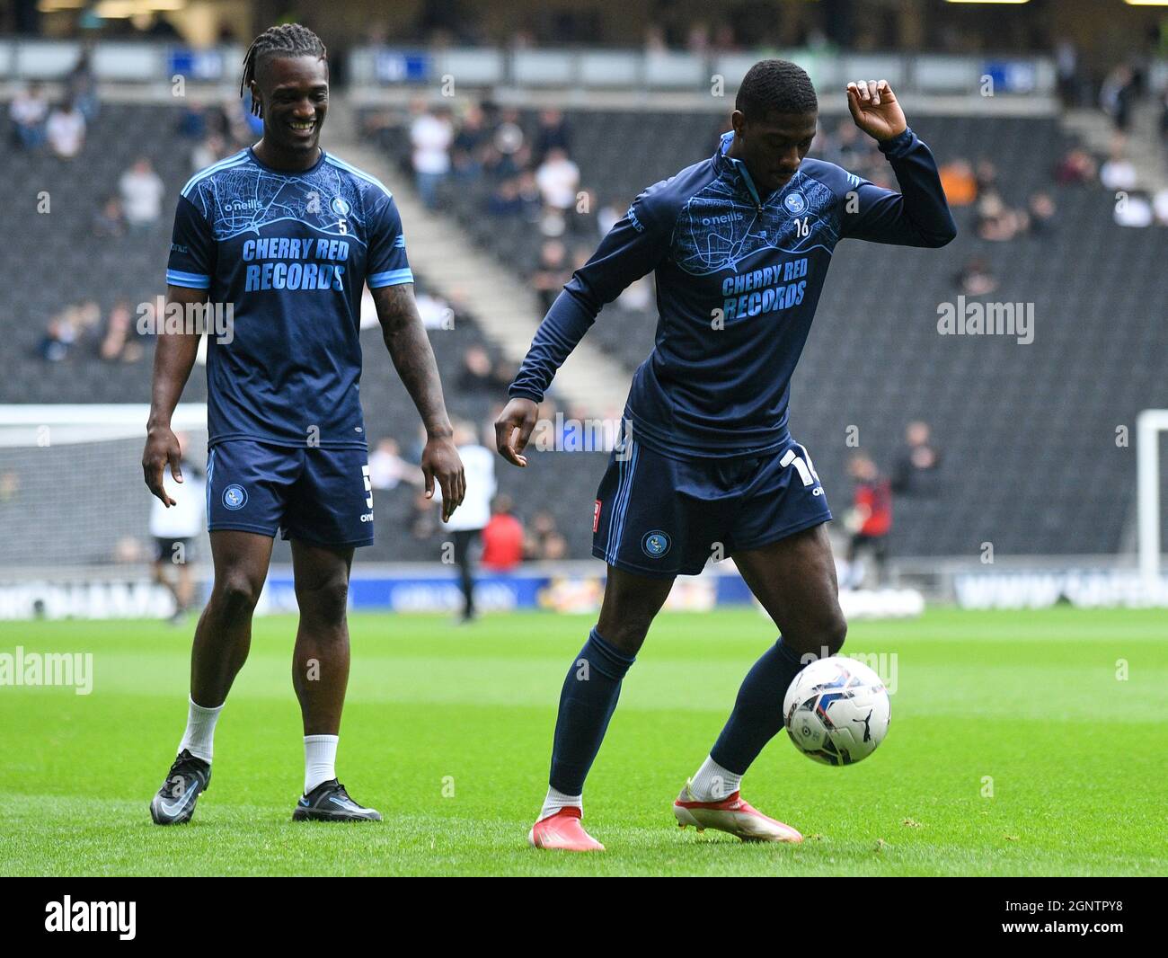 MILTON KEYNES, ENGLAND - SEPTEMBER 25, 2021: Anthony Kelvin Stewart of Wycombe (L) and Sulaiman Borbor Kaikai of Wycombe (R) pictured ahead of the 2021/22 SkyBet EFL League One matchweek 9 game between MK Dons FC and Wycombe Wanderers FC at Stadium MK. Copyright: Cosmin Iftode/Picstaff Stock Photo