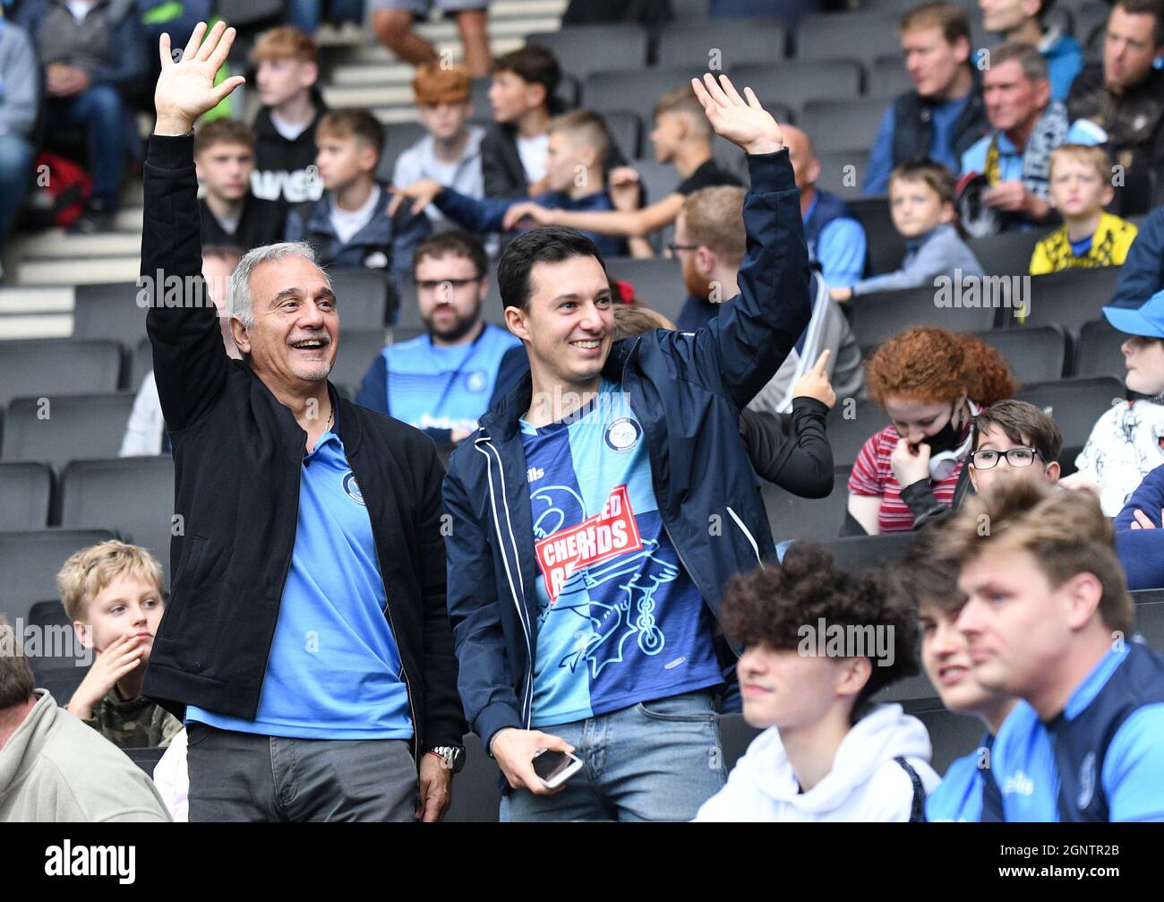 MILTON KEYNES, ENGLAND - SEPTEMBER 25, 2021: Wycombe fans pictured in the stands ahead of the 2021/22 SkyBet EFL League One matchweek 9 game between MK Dons FC and Wycombe Wanderers FC at Stadium MK. Copyright: Cosmin Iftode/Picstaff Stock Photo