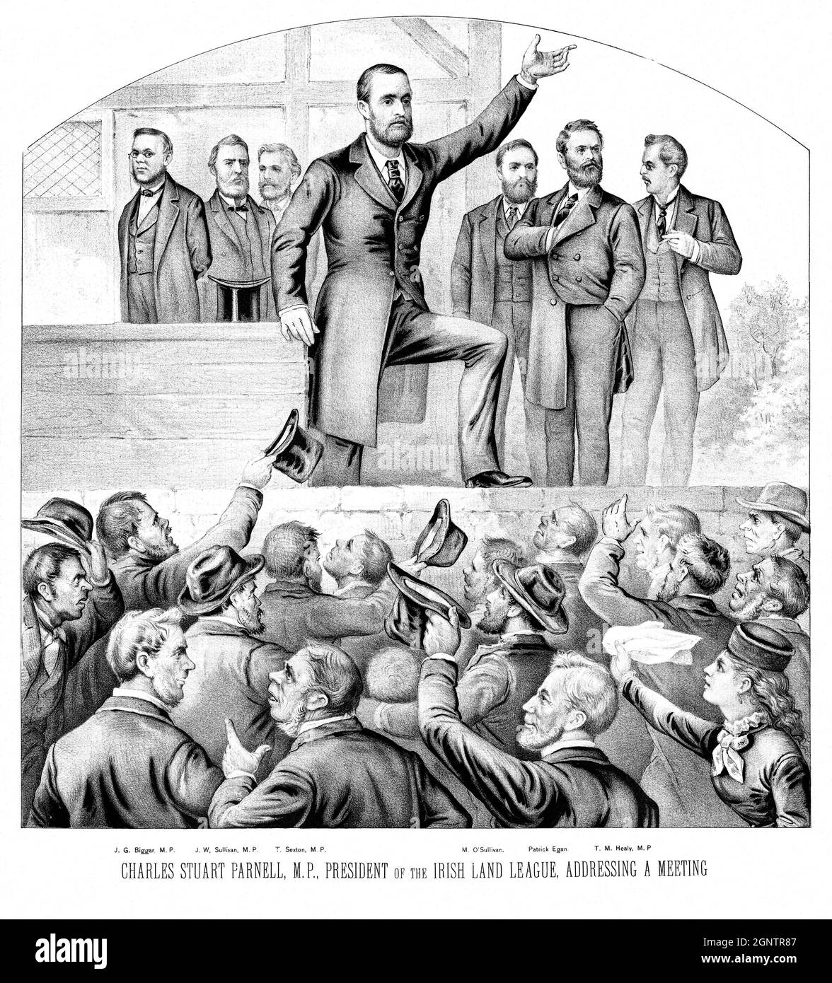 Charles Stewart Parnell (1846-1891),  an Irish nationalist politician who served as a Member of Parliament (MP) from 1875 to 1891 and Leader of the Home Rule League from 1880 to 1882 addressing a meeting. Stock Photo