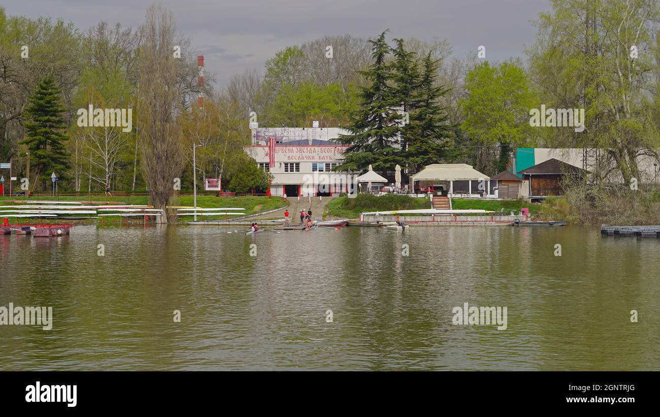 Belgrade, Serbia - April 5, 2018: Rowing club Red Star at river Sava Ada. Stock Photo