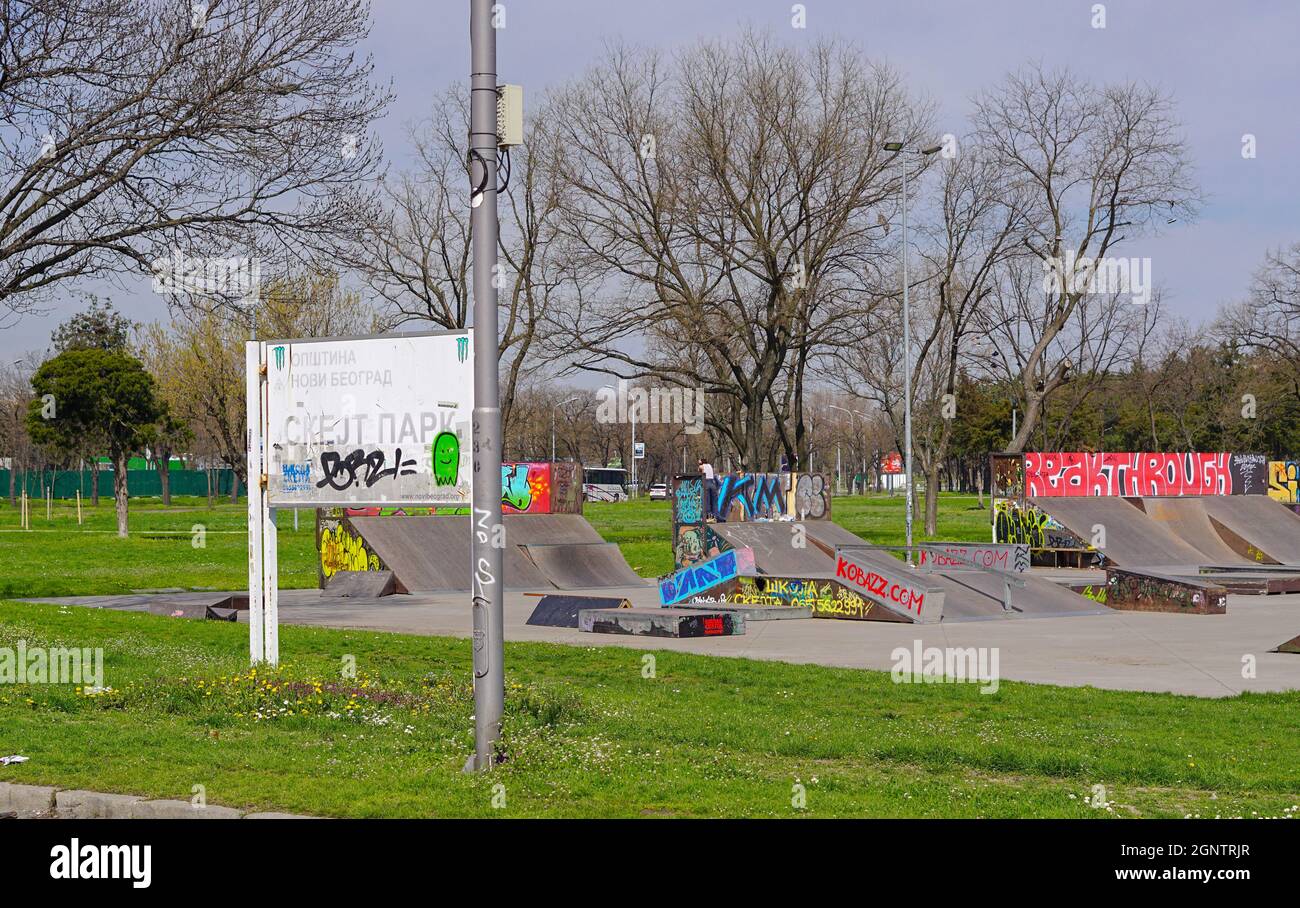 Belgrade, Serbia - April 4, 2018: Empty skateboard park at New Belgrade. Stock Photo