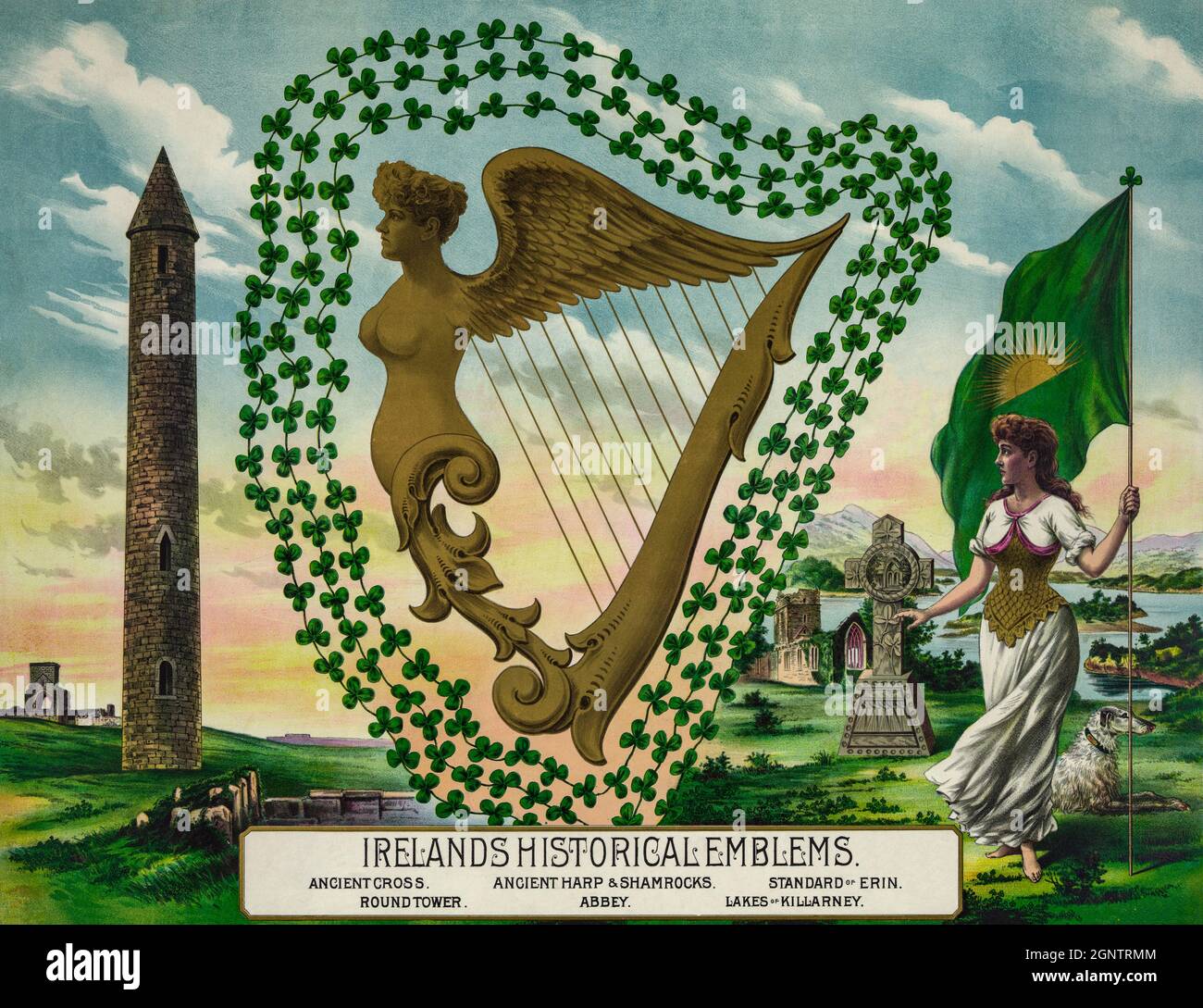 A 19th century illustration of iconic, historical Irish emblems, or symbols with an Irish harp, surrounded by shamrocks. Stock Photo
