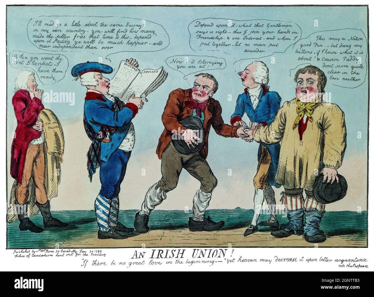 A 19th century cartoon about Irish Union showing William Pitt joining the hands of 'Paddy,' an Irish farmer, and John Bull. Neither of them seem anxious for the union, while Lord Dundas, on the left, reading from a 'History of Scotland' says, 'depend upon it Paddy ye will be much happier - and mair independent than ever.' Stock Photo