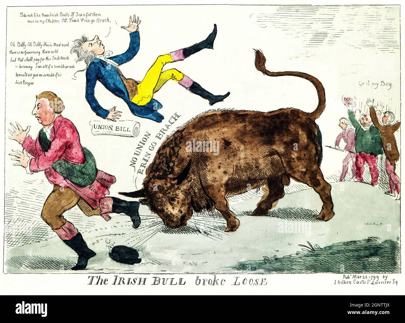 A 19th century cartoon about Irish Union showing the 'Irish Bull' tossing William Pitt into the air and about to do the same to Lord Dundas who runs to the left; on the far right, those opposed to Pitt's 'Union Bill' cheer on the bull, 'Go it my Boy.' Stock Photo