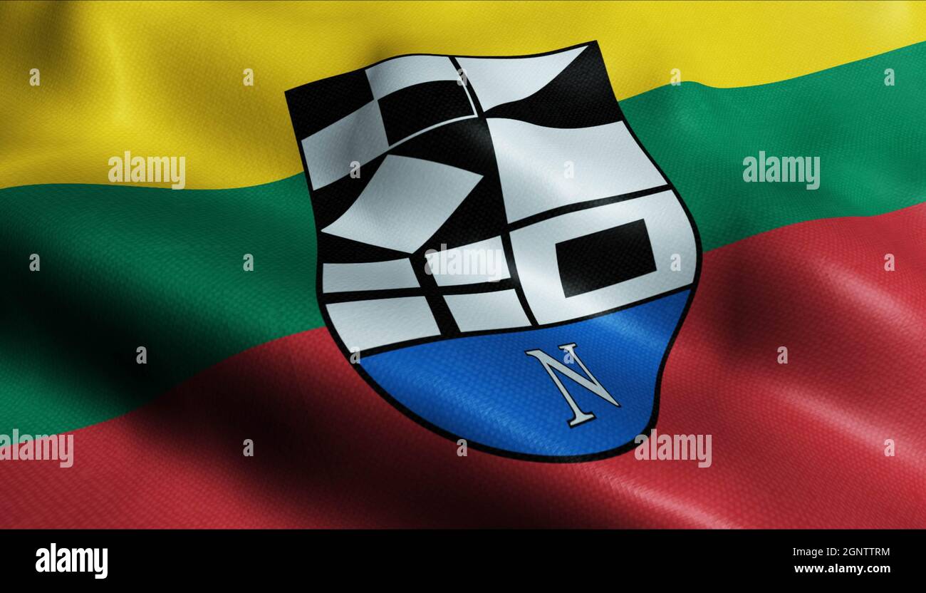 3D Illustration of a waving Lithuanian city flag of Neringa Municipality Stock Photo