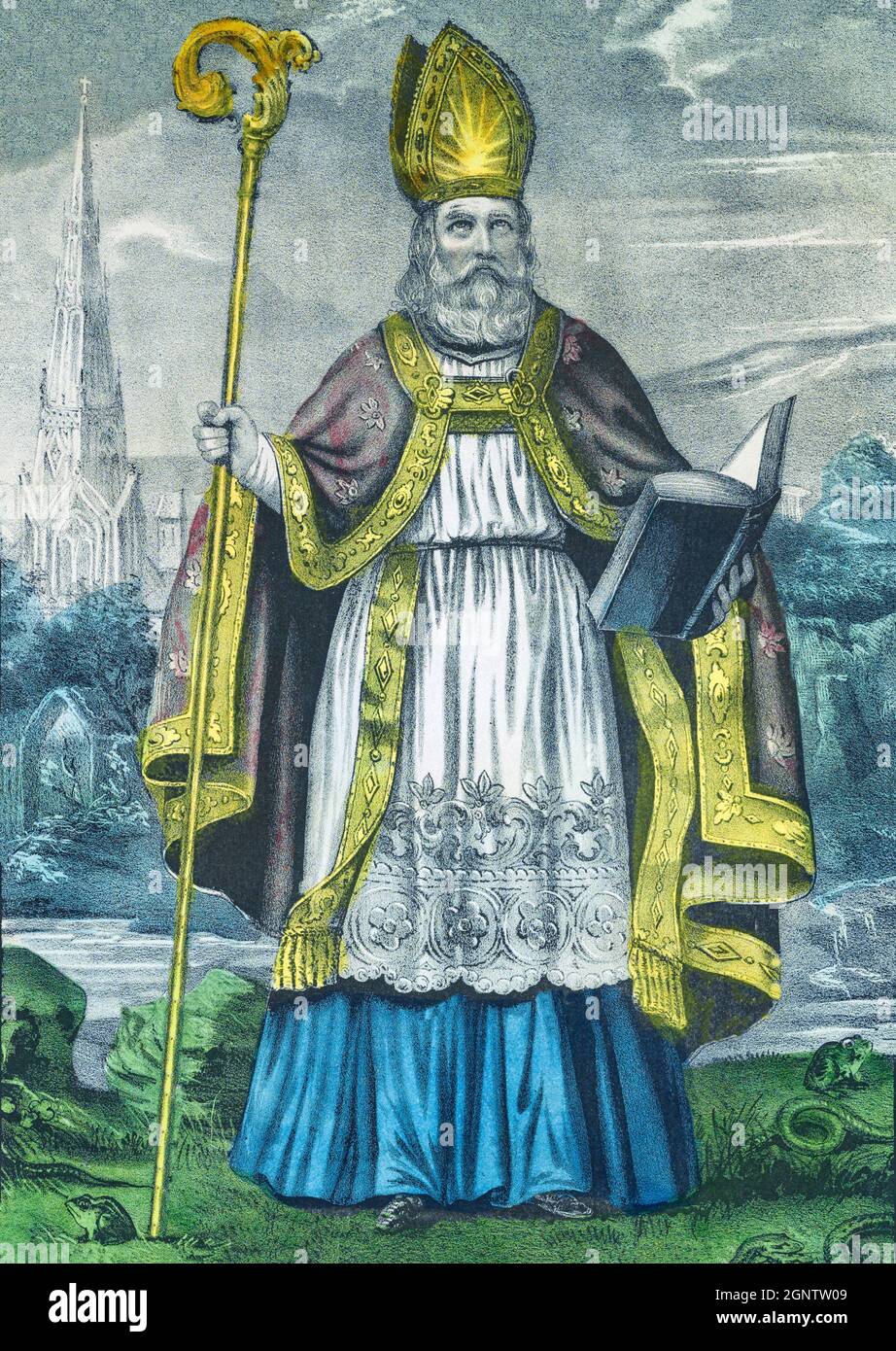 A 19th century sketched painting of Saint Patrick, a fifth-century Romano-British Christian missionary and bishop in Ireland. Known as the 'Apostle of Ireland', he is the primary patron saint of Ireland, the other patron saints being Brigit of Kildare and Columba. Patrick was never formally canonised, nevertheless, he is venerated as a Saint in the Catholic Church and in the Eastern Orthodox Church, where he is regarded as equal-to-the-apostles and Enlightener of Ireland. Stock Photo
